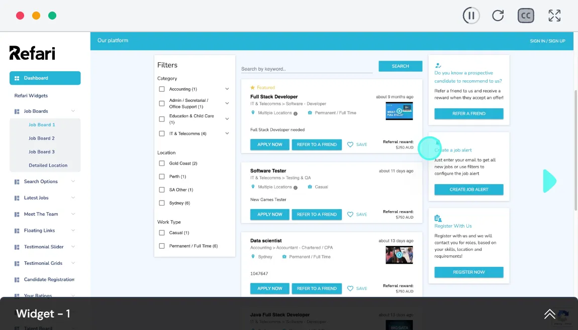 The Refari job board and widget dashboard